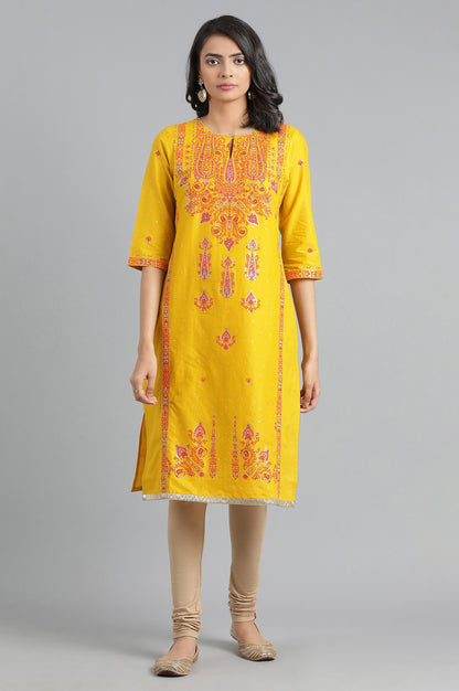 Yellow Round Neck Printed kurta