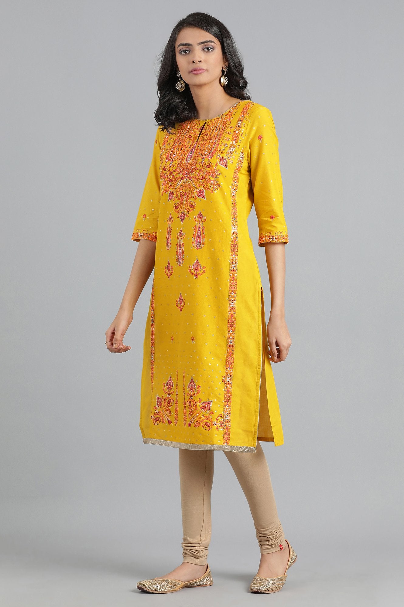 Yellow Round Neck Printed kurta