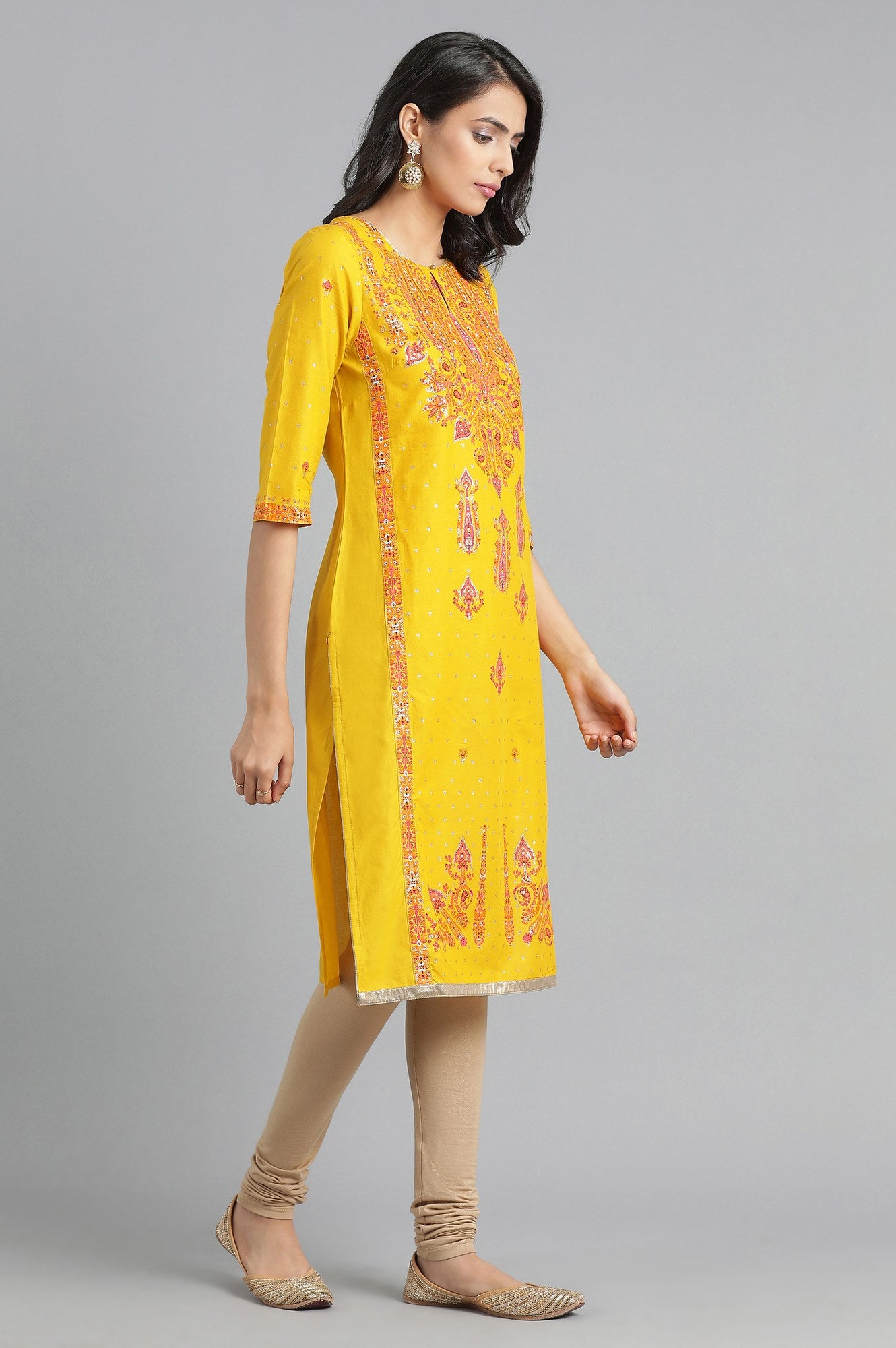 Yellow Round Neck Printed kurta