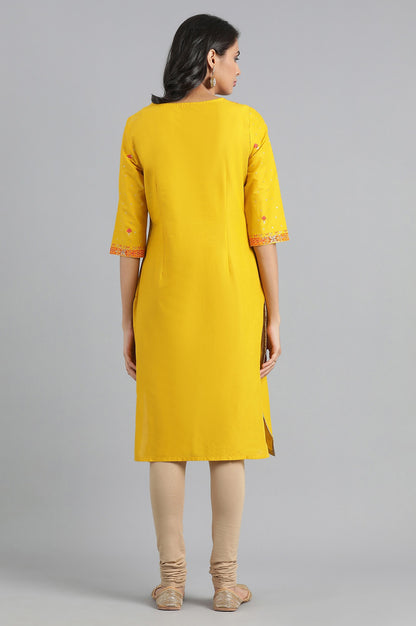 Yellow Round Neck Printed kurta