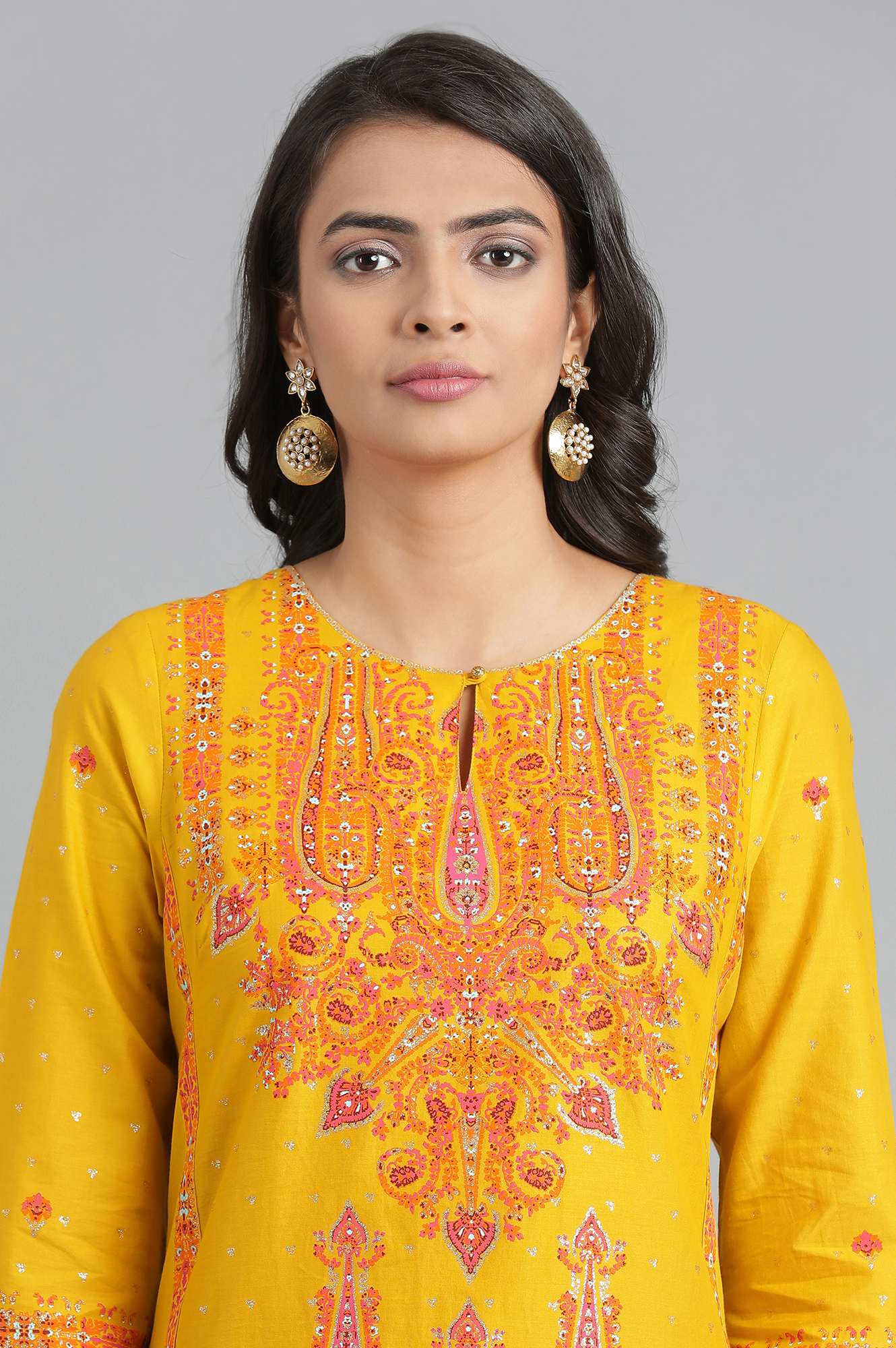 Yellow Round Neck Printed kurta