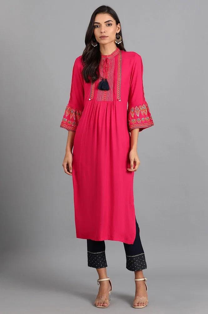 Pink Mandarin Neck Tie-up kurta - wforwoman