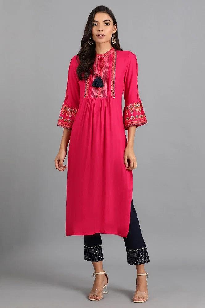 Pink Mandarin Neck Tie-up kurta - wforwoman