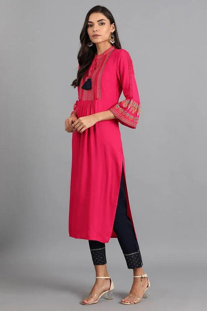 Pink Mandarin Neck Tie-up kurta - wforwoman