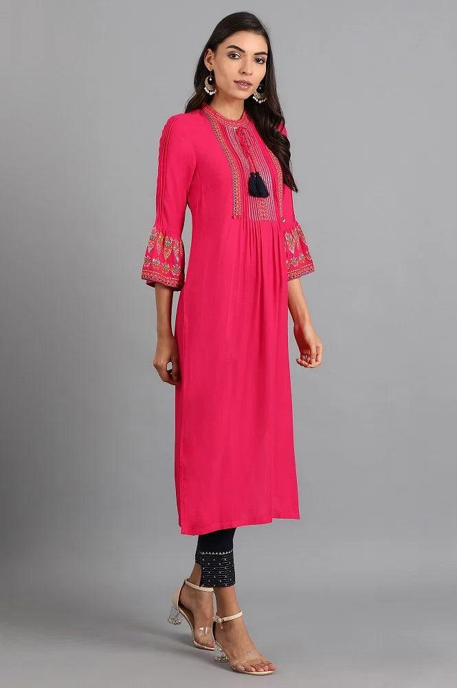 Pink Mandarin Neck Tie-up kurta - wforwoman