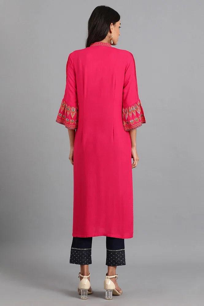 Pink Mandarin Neck Tie-up kurta - wforwoman