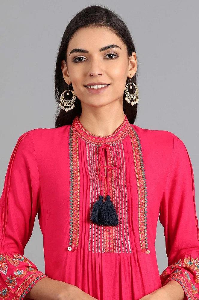 Pink Mandarin Neck Tie-up kurta - wforwoman