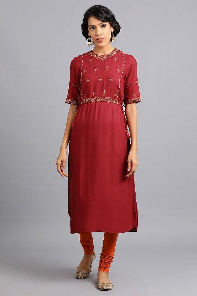 Red Round Neck Embroidered kurta - wforwoman