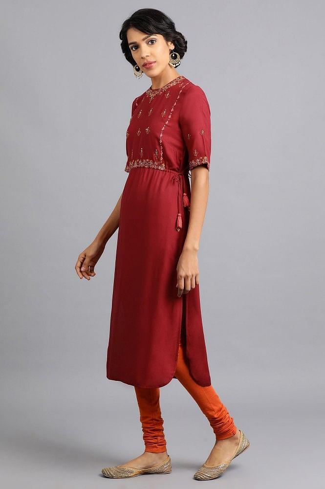 Red Round Neck Embroidered kurta - wforwoman