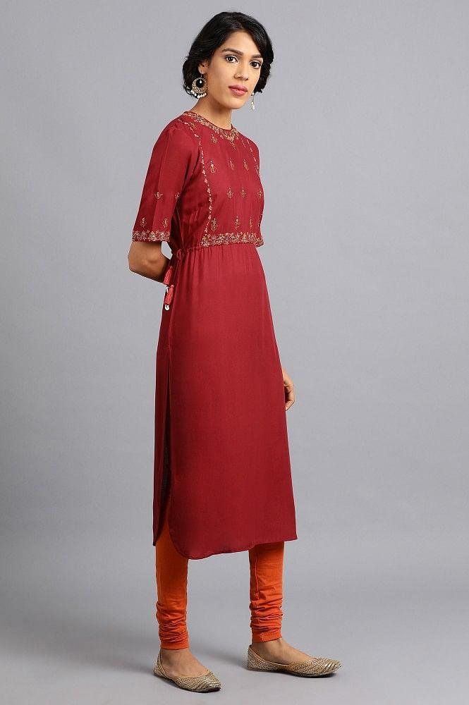 Red Round Neck Embroidered kurta - wforwoman