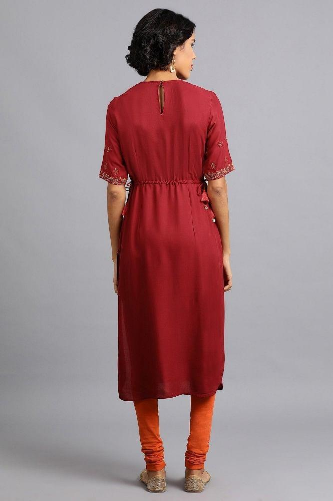 Red Round Neck Embroidered kurta - wforwoman