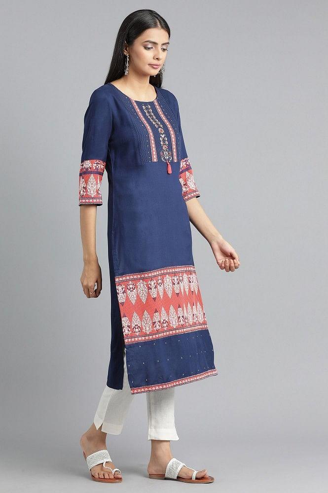 Blue Round Neck Solid kurta - wforwoman