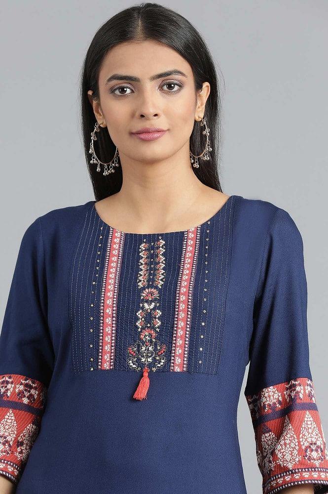 Blue Round Neck Solid kurta - wforwoman