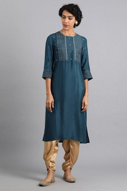 Blue Round Neck Embroidered kurta - wforwoman