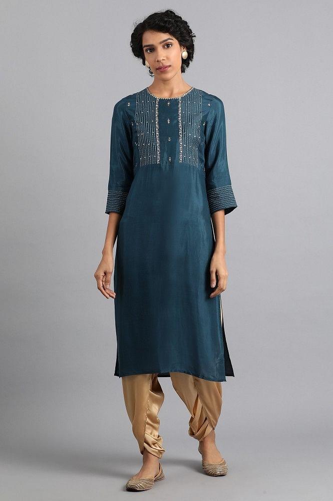 Blue Round Neck Embroidered kurta - wforwoman