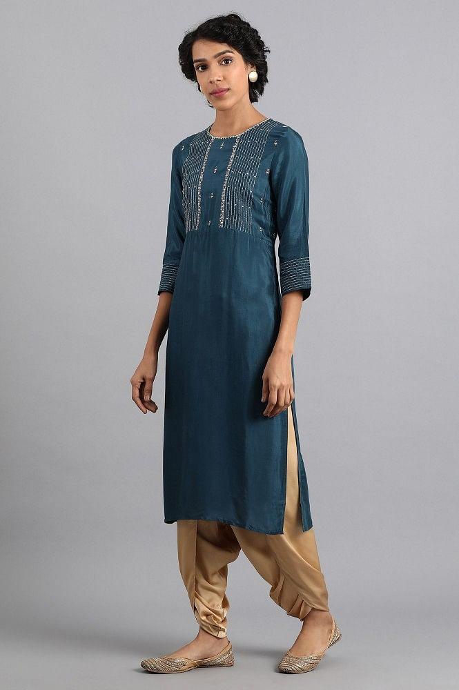 Blue Round Neck Embroidered kurta - wforwoman