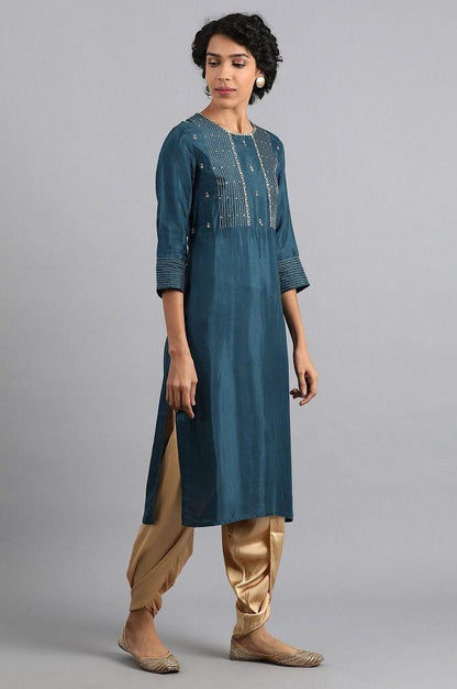 Blue Round Neck Embroidered kurta - wforwoman