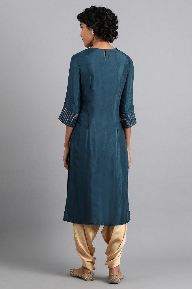 Blue Round Neck Embroidered kurta - wforwoman