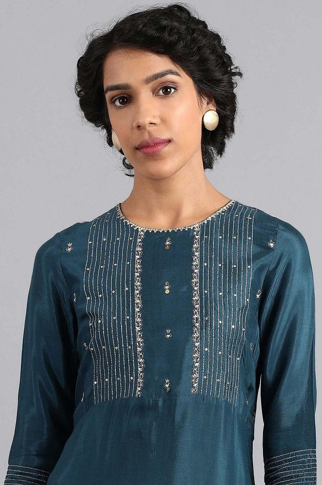 Blue Round Neck Embroidered kurta - wforwoman