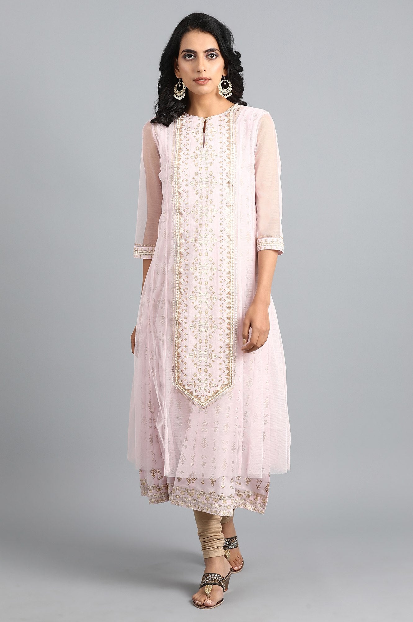 Pink Round Neck Printed kurta