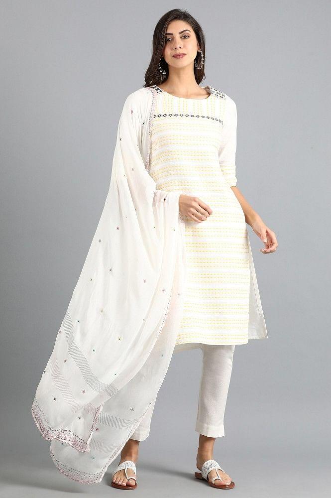 White Round Neck Yarn-dyed kurta - wforwoman