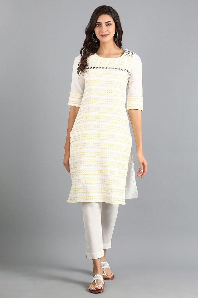 White Round Neck Yarn-dyed kurta - wforwoman