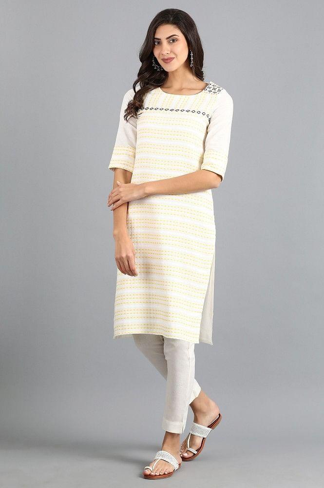 White Round Neck Yarn-dyed kurta - wforwoman