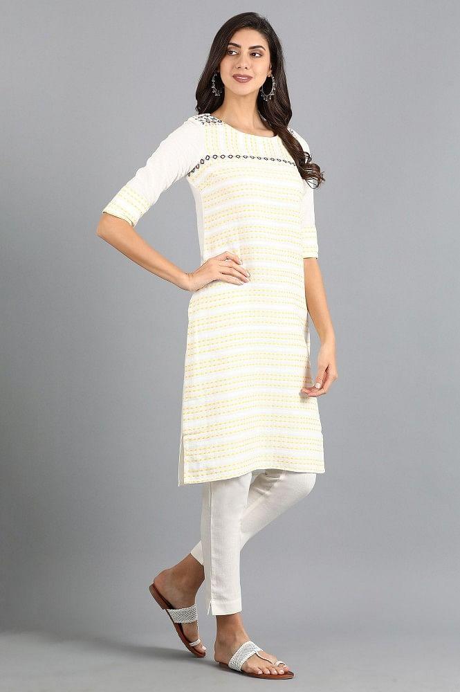 White Round Neck Yarn-dyed kurta - wforwoman