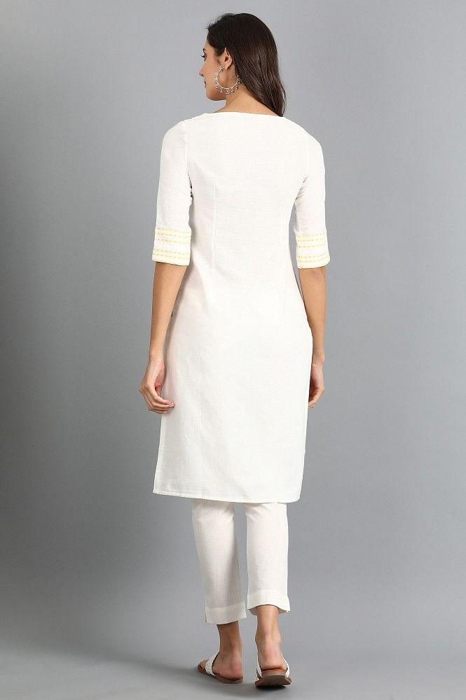 White Round Neck Yarn-dyed kurta - wforwoman