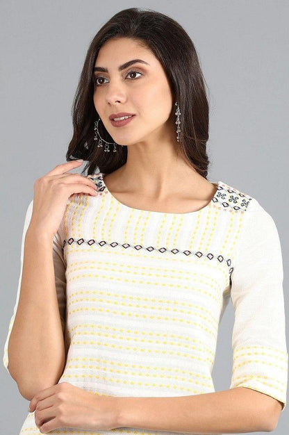 White Round Neck Yarn-dyed kurta - wforwoman