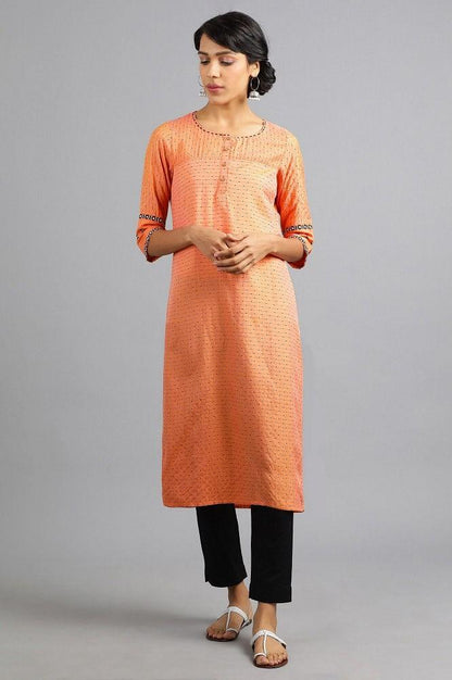 Orange Round Neck Yarn-dyed kurta - wforwoman