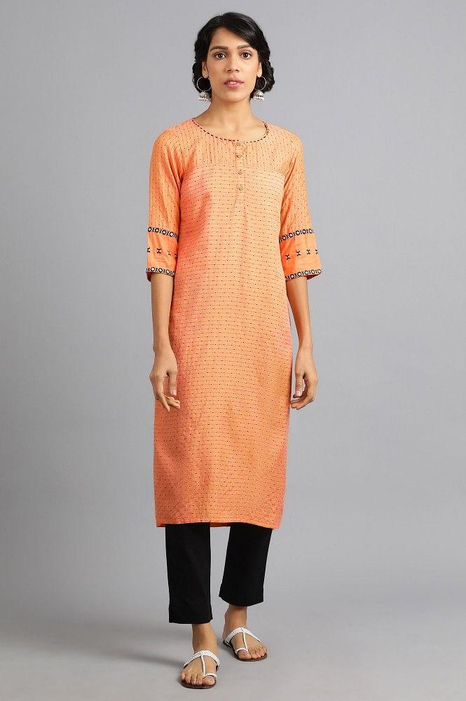 Orange Round Neck Yarn-dyed kurta - wforwoman