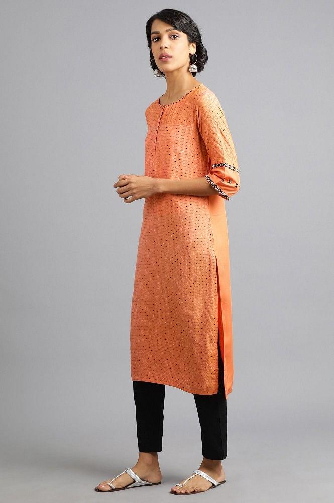 Orange Round Neck Yarn-dyed kurta - wforwoman