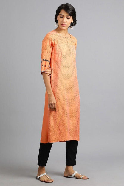 Orange Round Neck Yarn-dyed kurta - wforwoman