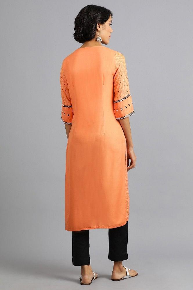 Orange Round Neck Yarn-dyed kurta - wforwoman