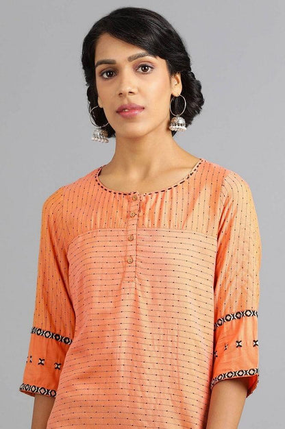 Orange Round Neck Yarn-dyed kurta - wforwoman