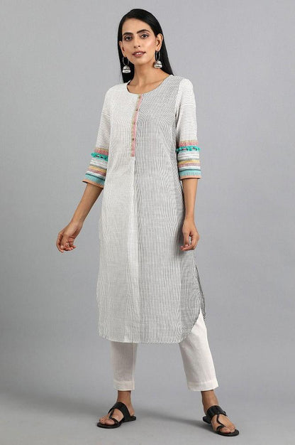 White Round Neck Yarn-dyed kurta - wforwoman