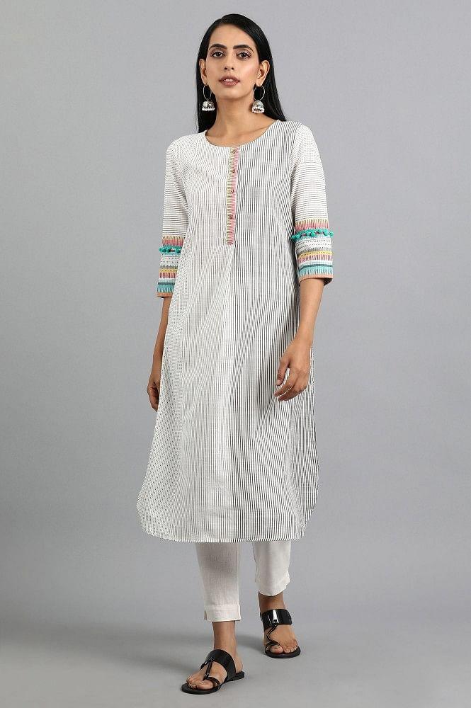 White Round Neck Yarn-dyed kurta - wforwoman