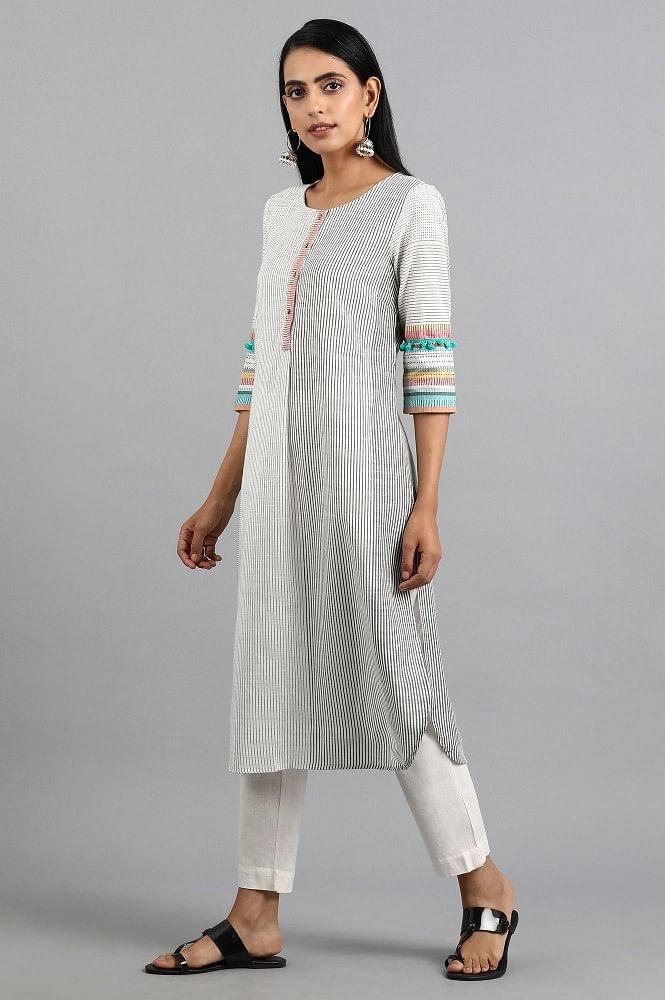 White Round Neck Yarn-dyed kurta - wforwoman