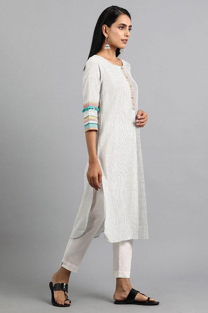 White Round Neck Yarn-dyed kurta - wforwoman