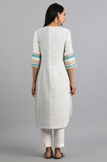 White Round Neck Yarn-dyed kurta - wforwoman