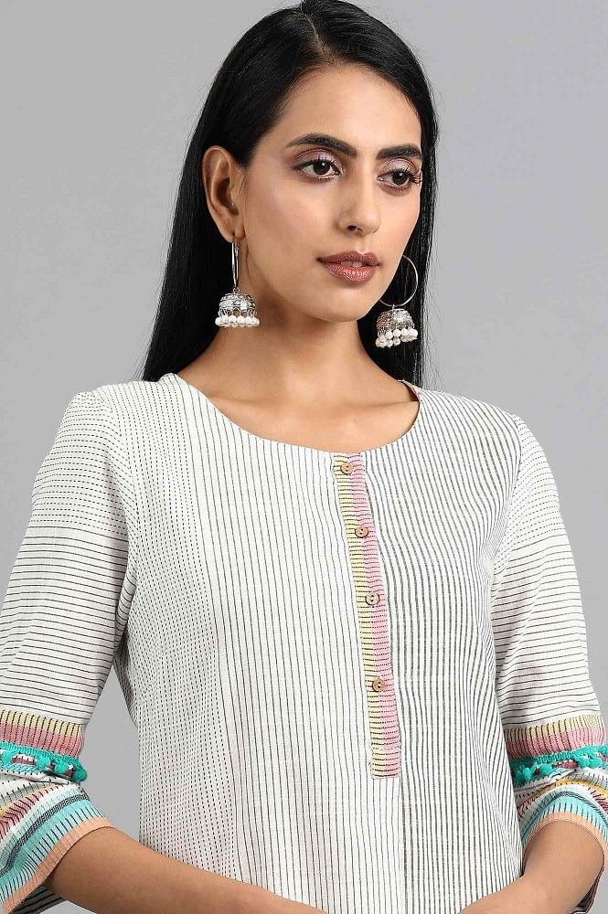 White Round Neck Yarn-dyed kurta - wforwoman