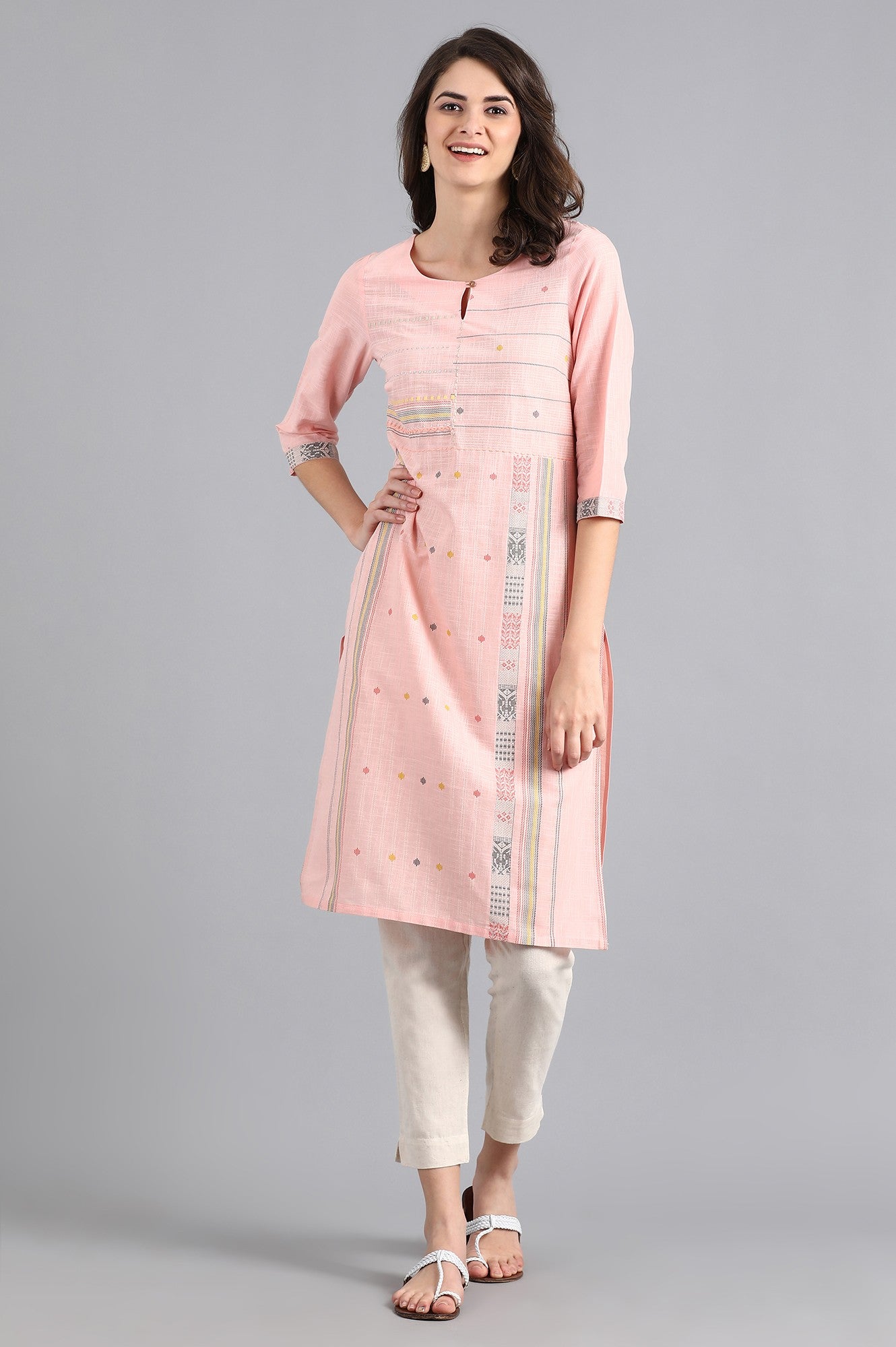 Pink Round Neck Printed kurta