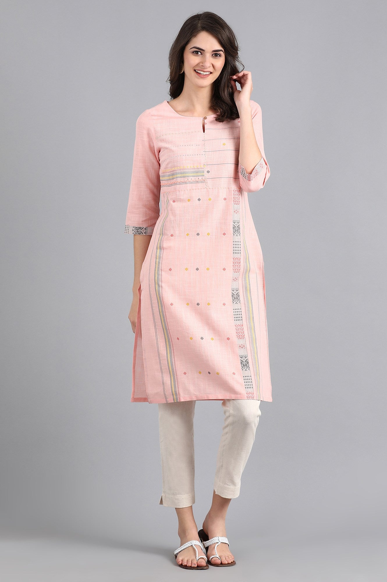 Pink Round Neck Printed kurta