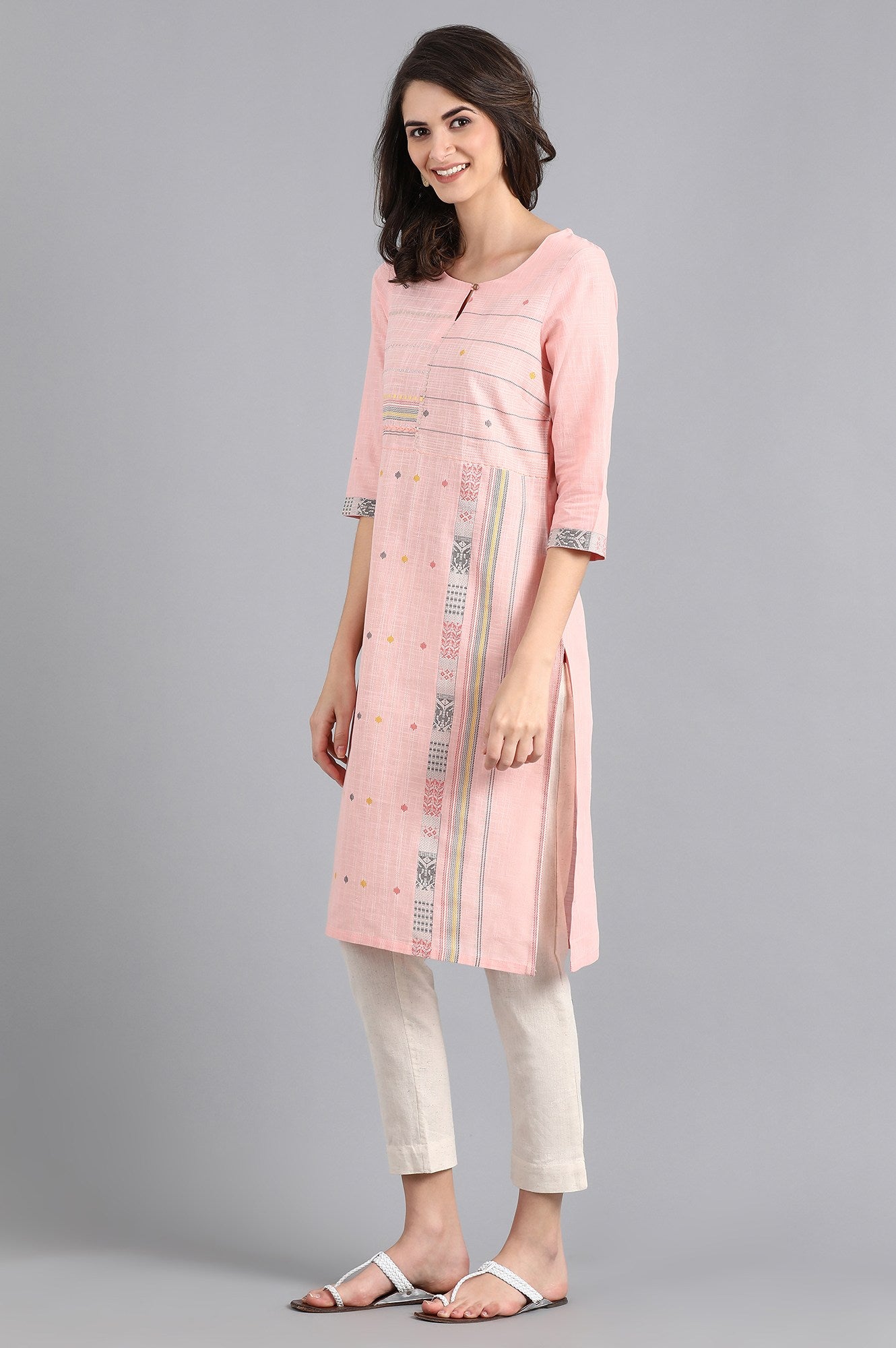 Pink Round Neck Printed kurta