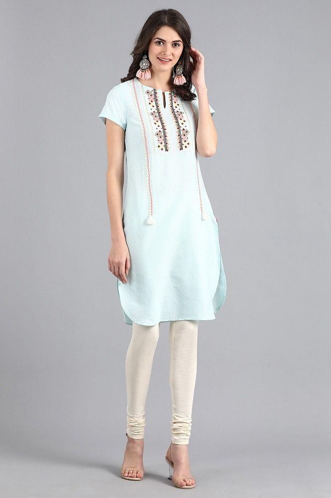 Blue Round Neck Embroidered kurta - wforwoman