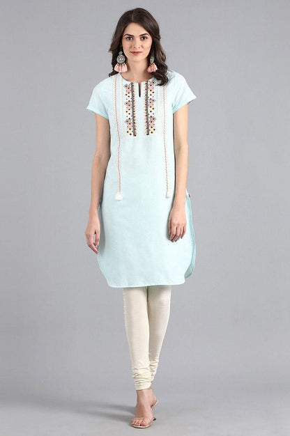 Blue Round Neck Embroidered kurta - wforwoman