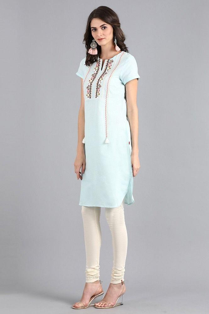 Blue Round Neck Embroidered kurta - wforwoman