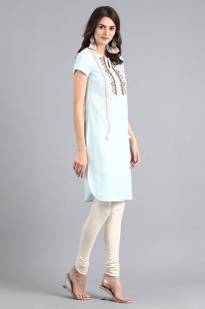 Blue Round Neck Embroidered kurta - wforwoman