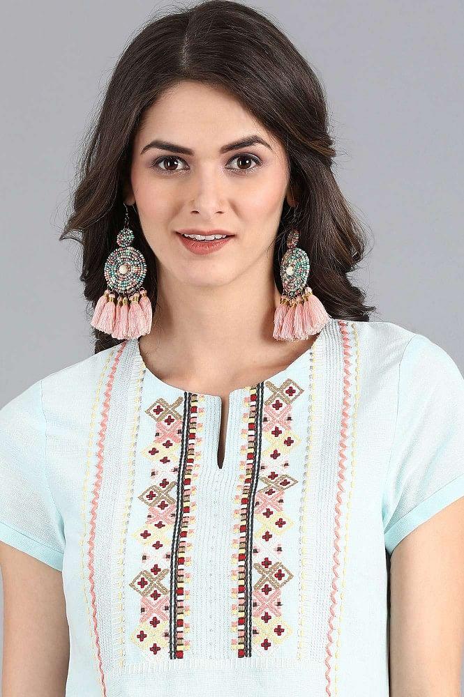 Blue Round Neck Embroidered kurta - wforwoman